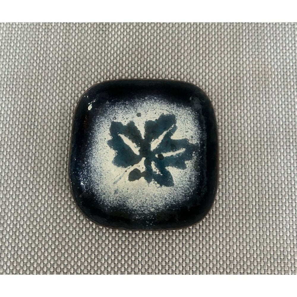 Vintage Enamel Copper Square Trinket Dish Blue White Leaf Design